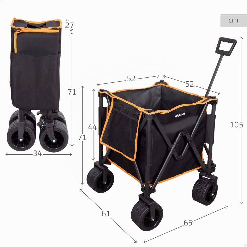 AKTIVE Chariot de Transport Pliable, Plage, Jardin, Camping, Jusqu'à 80 kg, roulettes Robustes et roulettes Pivotantes à 360° avec Frein, Poignée Multiangle, avec Pochette, Noir et Orange