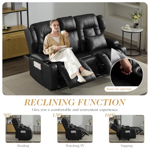 Image of Loveseat Recliner Sofa,RV Wall Hugger Recliners for Small Spaces,Reclining Loveseat Sofa Recliner with Cup Holders /Lumbar Pillows,RV Furniture (PU Black, Loveseat with Flip-up Console)