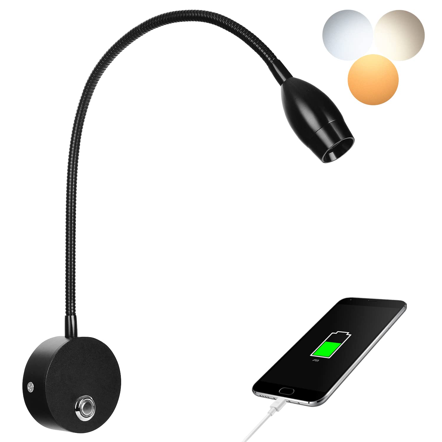 Adust Wall Mounted Reading Light Set, Wall Reading Light, Bed Headboard Reading Light Dimmable Touch Control, USB Output, 3 Color Temperature (Black 1-Pack)
