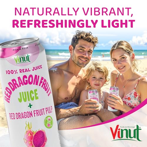 Image of VINUT 100% Red Dragon Fruit Juice with Pulp (Pitaya), No Added Sugar, Not From Concentrate, 16.57 fl oz (490 mL) Can, Pack of 6