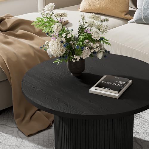 Image of Furniway Round Coffee Table, 35.4 inch Circle Wide Coffee Table, Wood Table and Center Table for Living Room, Black