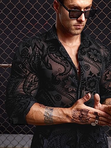 WDIRARA Men's Floral Paisley Print Mesh Button Down See Through Slim Fit Party Shirt Top Tee3