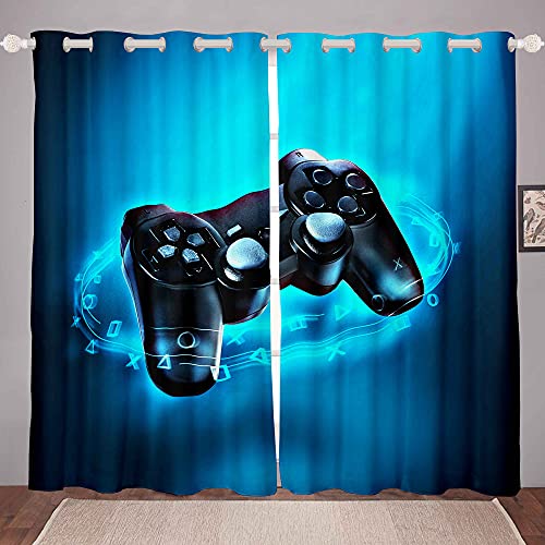 Loussiesd Boys Gaming Curtain Teens Gamer Window Drapes Black Blue Video Game Window Treatments for Kids Children Room Modern Game Controller Window Curtains W46*L72 - Image 2