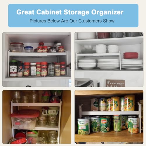 Image of 4 Pack Kitchen Cabinet Shelves Organizers, Kitchen Counter Storage Shelf Spice Rack, Expandable Length, Adjustable Height, Stackable, Sturdy 30LBS Bearing, Small Cupboard Tabletop Organizer Shelf Rack