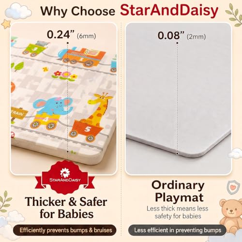 Image of StarAndDaisy Foldable Baby Play Mat 5 x 4 ft, 6MM Thick XPE Foam Playmat, Reversible 2-in-1 Design, Lightweight Cushioned Floor Mat for Crawling, Playing & Learning