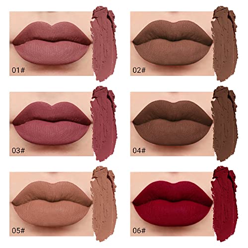 Image of evpct 6Pcs Dark Light Nude Brown Matte Matt Liquid Lipstick Lip Gloss Glossy Set for Black Women, 24 Hour Brown Mauve Red Maroon Silky Velvet Lipstick Lip Liner set labiales matte larga duracion 24