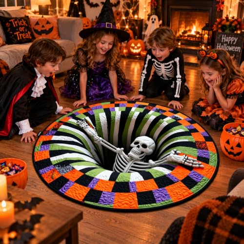 Halloween 3D Illusion Rug, Round Creepy Skeleton Vortex Floor Mat, Non-Slip Optical Illusion Area Rug for Living Room, Bedroom, Haunted House, Halloween Party Decor - image 3
