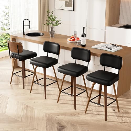 Image of Swivel Bar Stools Set of 4, 26 inch Upholstered Faux Leather Counter Height Barstools with Walnut Back & Bentwood Legs, Mid Century Modern Bar Chairs Island Stools for Kitchen Counter, Black