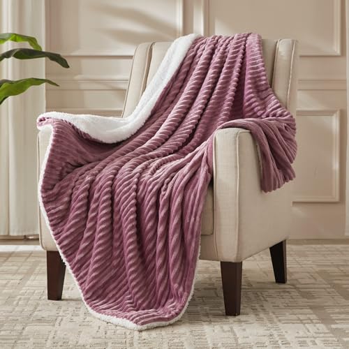Electric Heated Blanket Throw Size, Soft and Cozy Thickened Stripe Flannel and Sherpa Electric Blanket for Bed, Automatic Safety System 6 Heating Levels & 10 Hours Auto-Off, 50"x60" Purple