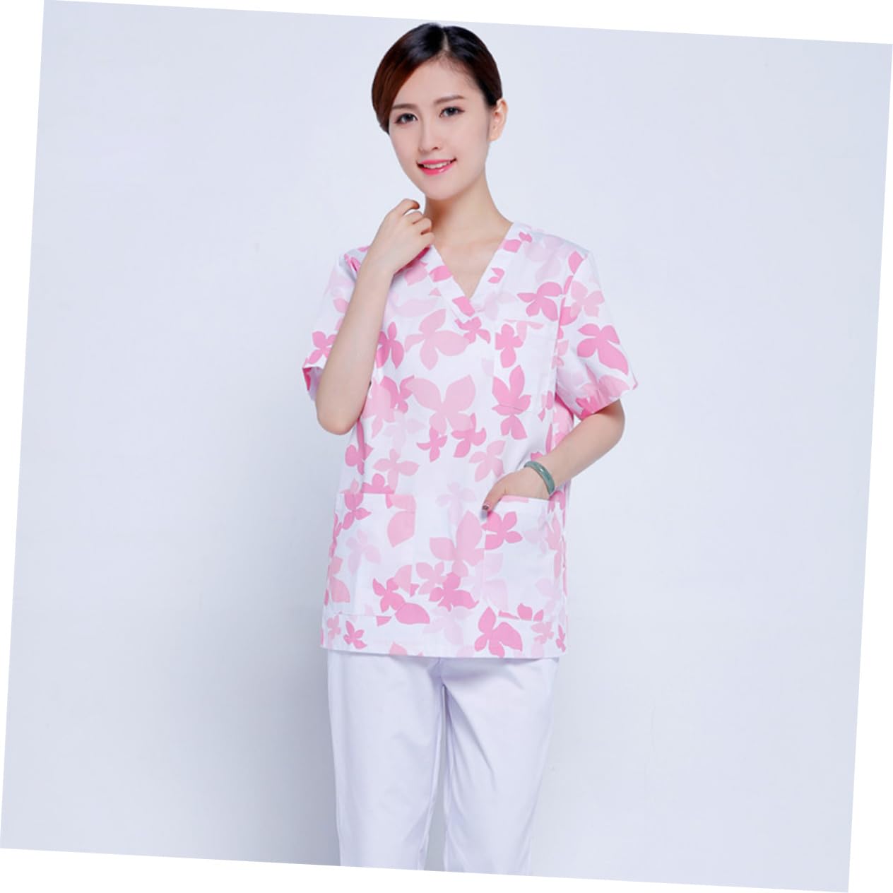 SHERCHPRY Uniforme da Lavoro Donna in Cotone Rosa, Completo Allattamento Scollo a V, Traspirante e Comodo, Set Due Pezzi per Clinica e Ospedale