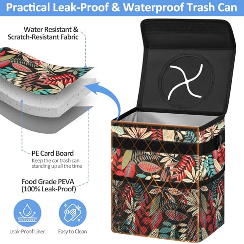 Image of ELONGRIVER Car Trash Can Bin for Back Seat Leak Proof, Cute Car Trash Bag Hanging, Vehicle Trash Can for SUV Truck Van, Automotive Garbage Cans Front Seat Red Leaves, 2 Gallons