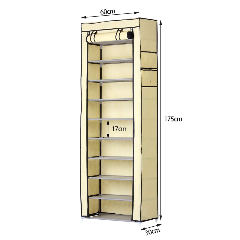 BAKAJI Scarpiera Armadio Salvaspazio 11 Ripiani 60x30x175cm Fino a 30 Paia di Scarpe Struttura Acciaio e Rivestimento in Tessuto TNT Impermeabile con Chiusura Zip Antipolvere (Beige)