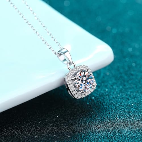 Collier moissanite 1ct argent 925 pendentif carré chaîne ajustable 40cm