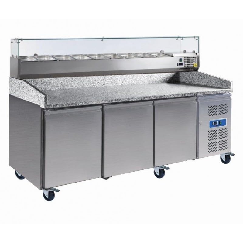 Générique Tavolo per pizza refrigerato a 3 ante con vetrina refrigerata indipendente – Piano Granito – 580L