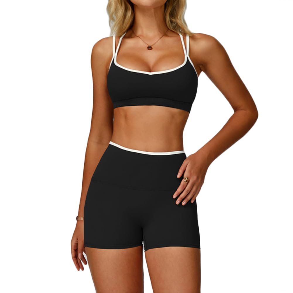 XYFfybhsd Women's 2 Piece Activewear Set Contrast Trim Sports Tank Top and High Waist Shorts Stretchy Seamless Yoga Outfits(Size:L,Color:Black)
