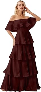 Women's Tiered Bridesmaid Dresses Off Shoulder Prom Dress Chiffon Pleate...
