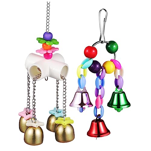 Totority 2Pcs Parrot Hanging Bell Colorful Bird Chewing with Ringing Bells for Parakeet Cockatiel Conure Durable Easy to Install for Entertainment Cage