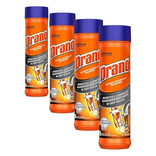 Mr Muscle Drano Power-Granulat Rohrfrei Abflussreiniger, entfernt Fettrückstände und unangenehme Gerüche, 10 Anwendungen, 4er Pack (500g)