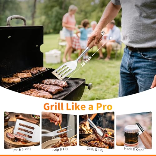 16 Inch Grilling Accessories Set, Heavy Duty Stainless Steel BBQ Accessories Tools and Grill Accessories for Outdoor Grill with Spatula, Fork, & Tongs - Grilling Gifts for Men Women Father - Image 5