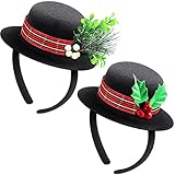 WILLBOND Christmas Snowman Headbands Mini Top Hat Headband 2 Pieces Christmas Black Top Hat Mistletoe Costume with Plaid Band Holly and Berries for Holiday Craft