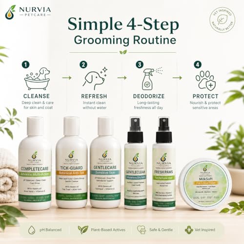 Image of Complete Dog Grooming Bundle by Nurvia Petcare | All 6: Anti-Tick + 5-in-1 + Puppy Shampoo + Dry Bath + Perfume Mist + Paw Balm | Neem Tea Tree Oatmeal Goat Milk | Sulphate-Free | Full Kit