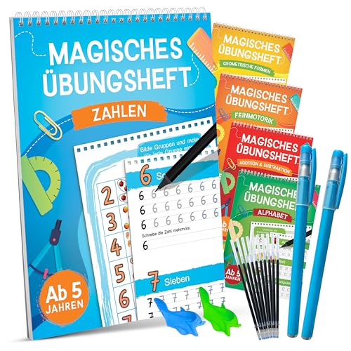 Magische Übungshefte für Vorschule ab 5 Jahren für Mädchen & Jungen - 5 Hefte + Stifte - Wiederverwendbare Vorschulhefte - Buchstaben Zahlen Formen und Schreiben lernen - Für Rechts- & Linkshänder