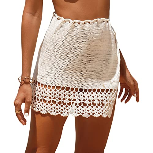 Jupe de plage en tricot au crochet blanc avec finitions pompons