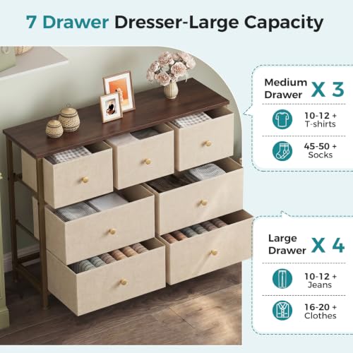 Image of OLIXIS 7 Drawer Dresser for Bedroom, Tall Fabric Storage Tower with Sturdy Steel Frame and Wooden Top, Large Dresser for Living Room Entryway with Easy Pull Fabric Bins,Khaki