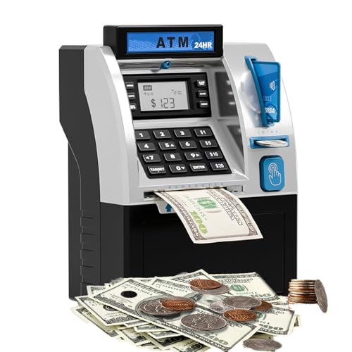 Hucha electrónica para niños, cajero automático, Caja Fuerte Inteligente para Tarjetas bancarias, Hucha para niños, Juguete de Regalo con Almacenamiento automático de Billetes de Banco (Negro)