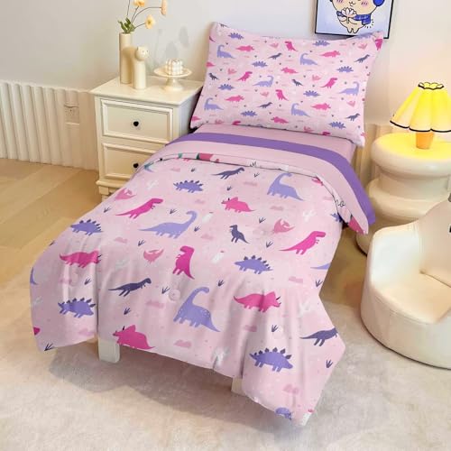 Image of 4 Piece Toddler Dinosaur Bedding Set for Girls,Pink Dino Toddler Comforter Sets Soft Bed Set Include Comforter,Fitted Sheet,Flat Top Sheet and Pillowcase,Bed in A Bag for Bedroom