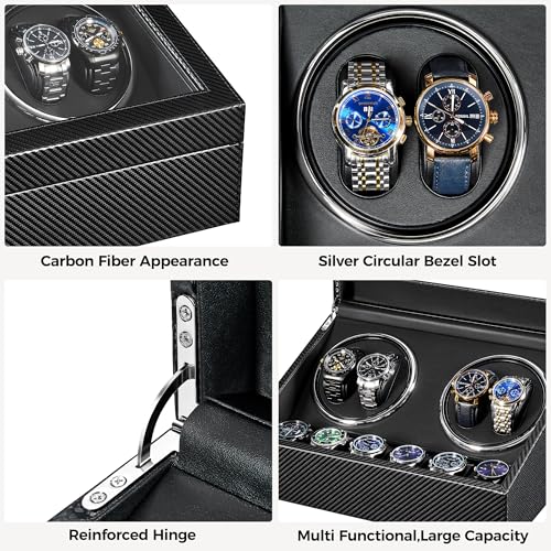 ANWBROAD Watch Winders for Automatic Watches, Automatic Watch Winder with 4 Watch Rotator and 6 Extra Storages, 4 Watch Winder with Japanese Quiet Motor, Luxury Carbon Fiber Watch Winder,UJWW012C4