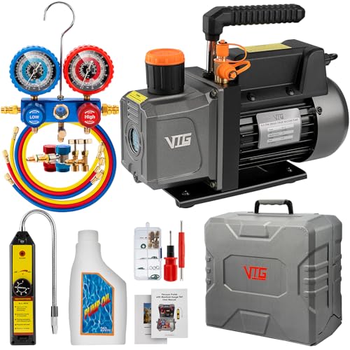 VTG VOGTEN 4.5 CFM AC Vacuum Pump and Gauge Set,for Mini Split/HVAC/Auto Systems,Manifold Gauge Kit Fits R134a R22 R410a R404a,with Leak Detector,Upgraded Trifold Storage Case,3 Hoses,R134a Can Tap