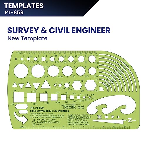 Image of Pacific Arc - Survey & Civil Engineer Template - Drawing Aid Stencil for Professional or School Work - Size 3.87 x 6.5 inch