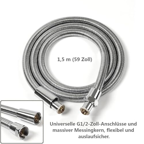 YOOZENA 1,5 m Edelstahl Flexibler Brauseschlauch Duschschlauch Duschschlauch, knickfestes Edelstahlrohr, Standard-G1/2-Kupferanschlüsse, Universalschlauch(Silber-1)
