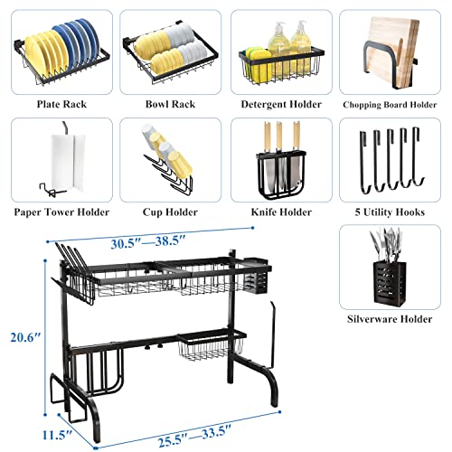 Image of SAYZH Over The Sink Dish Drying Rack, Adjustable (25.5 to 33.5 inch) 2 Tier Metal Steel Dish Drying Racks for Kitchen Counter with Hooks Paper Towel Utensil Cup Holder Sink Caddy (Black)