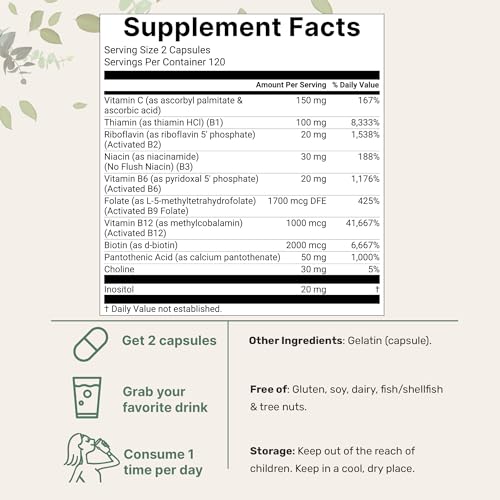 Image of Micro Ingredients 2 Pack Pure Methylated B Complex, 480 Capsules | 11-in-1 Formula with B12, Thiamin, Folate, Inositol, Choline, & Vitamin C | Filler Free | Non-GMO