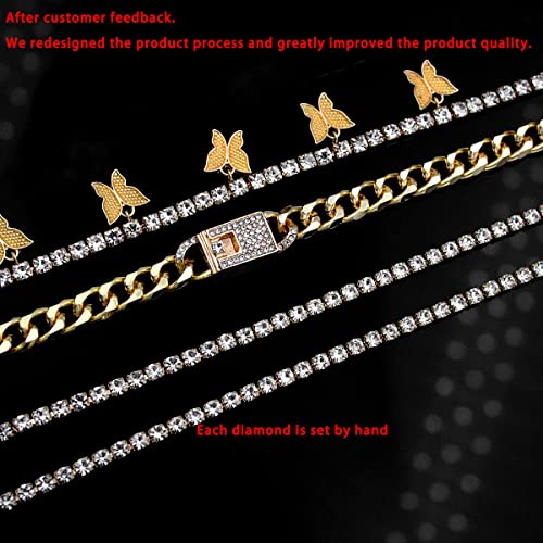 Yfstyle 4Pcs Cuban Link Ankle Bracelet Cuban Chain Anklet Butterfly Anklet Set Cuban Link Rhinestone Tennis Anklet Set For Women Summer Beach Adjustable Layered Rhinestone Anklets-Gold Cuban #TOP4