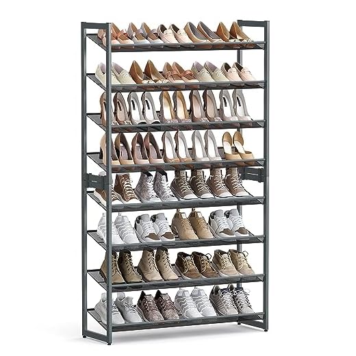 SONGMICS Shoe Rack, 8-Tier Shoe Organizer, Metal Rack for Garage, Set of 2, 4-Tier Stackable Shelf, with Adjustable Flat or Angled Shelves, 32-40 Pairs, Charcoal Gray ULMR08GB