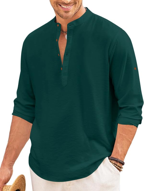 Royalscout Men's Regular Fit Solid Cotton Blend Straight Short Kurta | Full Sleeves Kurta Green