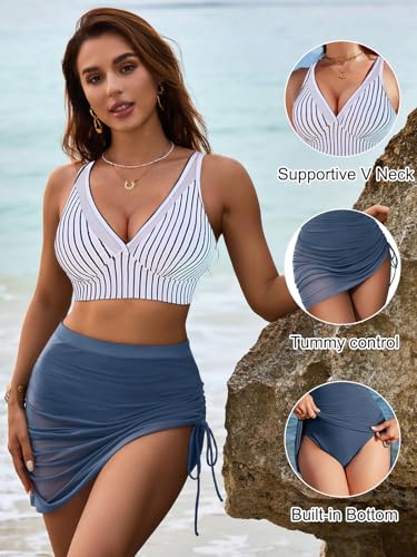 Image of Blooming Jelly Womens Swim Skirt High Waisted Bikini Sets Tummy Control Swimsuits Mesh Sarong Wraps Bathing Suits
