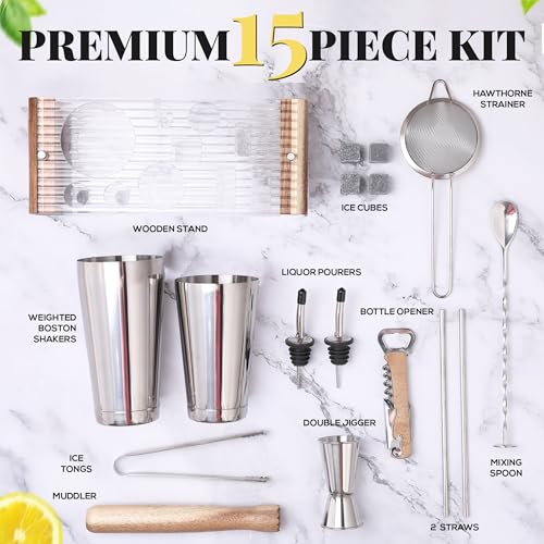 Image of Mixology Bartender Kit with Stand - 15 Piece Bar Tool Set, Silver Bar Set Cocktail Shaker Set for Drink Mixing - includes Martini Shaker, Jigger, Strainer, Bar Mixer Spoon, Tongs, Opener | Gift Idea