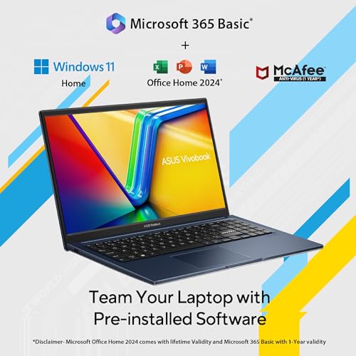 Image of ASUS Vivobook 15 (2026),Intel Core 3 100U,Intel iGPU, 16GB RAM, 512GB SSD, FHD, 15.6 inch(39.6 cm),Windows 11 Home,M365 Basic(1 Year)* Office 2024,Quiet Blue, 1.7 Kg,X1504VAP-BQ1342WS, Thin & Light Laptop