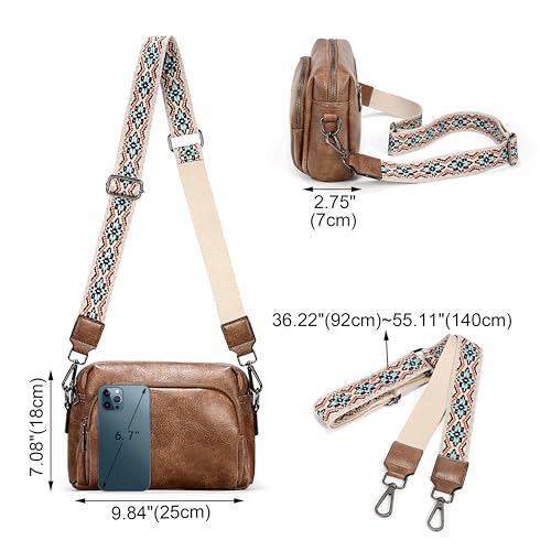 UTO Crossbody Bags for Women Triple Zipper Purse Leather Handbag with Colored Adjustable Wide Shoulder Strap3