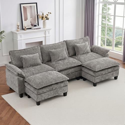 Image of IPKIG 117 inch Modular Cloud Couch with Storage, U Shaped Sectional Sofa with Ottoman & Pillow, Chenille Deep Seat Sectional Couches for Living Room, Apartment, Grey