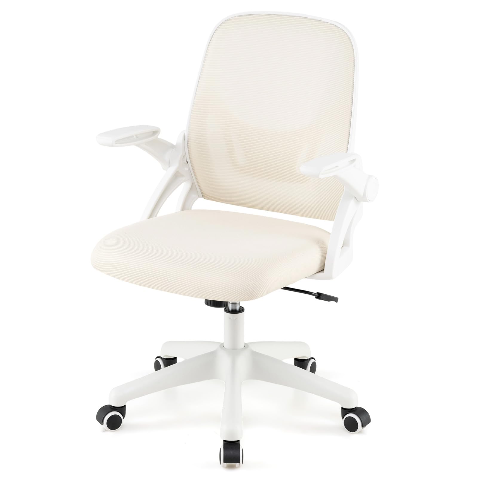 GIANTEX Silla Escritorio Ergonómica, Silla de Oficina Giratoria de Malla con Ruedas, Altura Ajustable y Reposabrazos Abatibles, Asiento Acolchado, Soporte Lumbar, Carga de 150 kg (Beige)