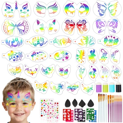 63Pcs Face Paint Stencils Kit With 32 Reusable Face Painting Stencils 9 Sheets Tattoo Templates Stickers 15 Brushes 2 Pack Gems 4 Fingertip Sponges 4 Sponges For Halloween Festival Party Makeup