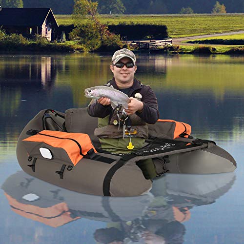 LAZZO Inflatable Fishing Float Tube with Hand Air Pump, Flotation Boat with Orange Storage Pockets, Inflatable Seat and backrest, Fish Ruler, Adjustable Straps, Bearing 286lbs, Gray