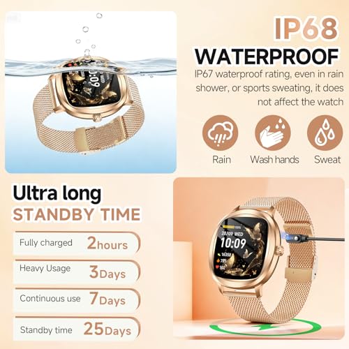 Image of Smart Watch for Women, 1.72 inch Fitness Tracker with Answer /Make Calls, Sleep /Heart Rate Monitor, Smartwatch for Android iOS Support 100+ Sports Modes, IP68 Waterproof, Fitness Watch with 2 Band (Gold)