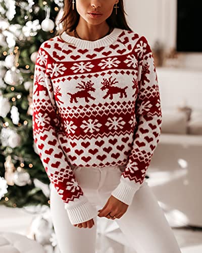 Zaful Women's Christmas Snowflake Reindeer Knitted Sweater Long Sleeve Crew Neck Heart Animal Print Pullover Knitwear #TOP1
