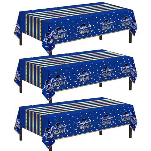 Childom 3 Pack Graduation Tablecloth Graduation Decorations Class of 2026 Graduation Party Decorations 54x108 Blue and Gold Plastic Table Cloth Disposable Rectangle for Home School Party Supplies